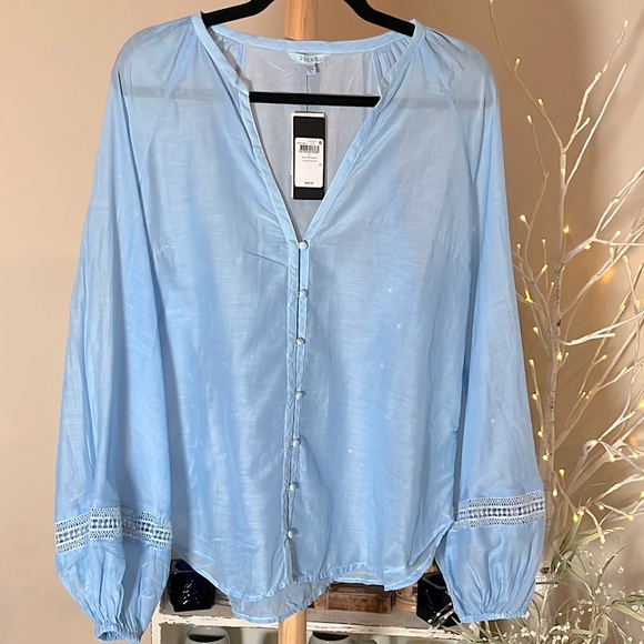 NWT Guess L Silk blend. Light blue,ballon sleeves w/lace trim,covered buttons. - Picture 1 of 4